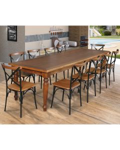 Conjunto Jantar Mesa Leonora Madeira Maciça 240x100 com 10 Cadeiras Paris Base Alumínio - Castanho
