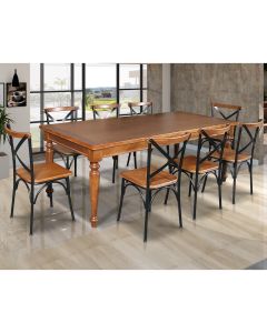 Conjunto Jantar Mesa Leonora Madeira Maciça 240x100 com 8 Cadeiras Paris Base Alumínio - Castanho