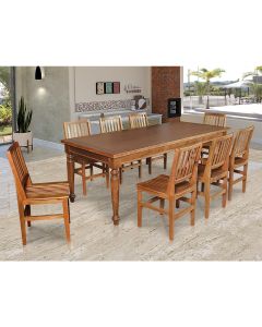 Conjunto Jantar Mesa Rústica Franscisca 220x100 Madeira Maciça com 8 Cadeira Ripada Confort Castanho