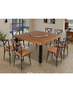 Mesa Jantar Industrial Sophia 1,30m Prato Giratório Madeira 8 Cadeiras Paris Pés Alumínio Castanho