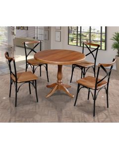Mesa Jantar Madeira Maciça Redonda 1m Madalena Rústica com 4 Cadeiras Paris Base Alumínio Castanho