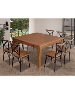 Mesa Jantar Quadrada Celina 1,50m Madeira Maciça 8 Cadeiras Paris Pés Alumínio Castanho