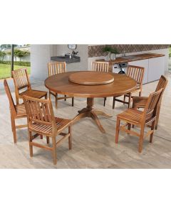 Mesa Jantar Redonda 1,60m Prato Giratório Amélia Madeira Maciça C/ 8 Cadeira Ripada Confort Castanho