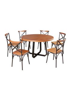 Mesa Jantar Redonda Madeira Maciça Clarisse 1,30m com 6 Cadeiras Paris Base Alumínio - Castanho