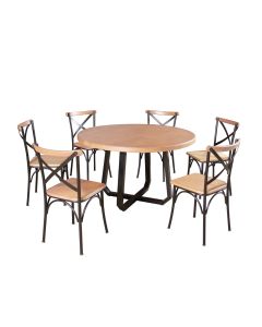 Mesa Jantar Redonda Madeira Maciça Clarisse 1,30m com 6 Cadeiras Paris Base Alumínio - Natural