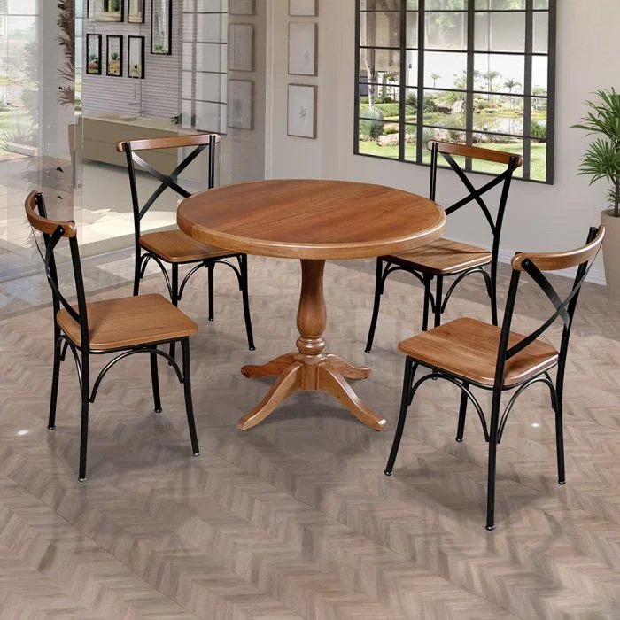 Conjunto Jantar Mesa Madeira Maciça Redonda 1m Madalena Rústica com 4 Cadeiras Paris Base Alumínio Castanho
