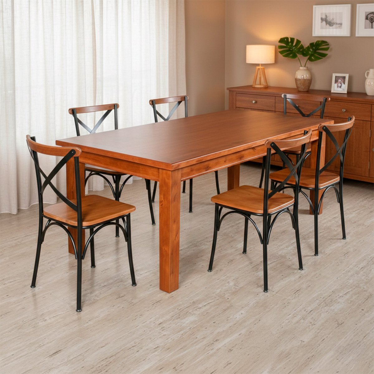 Conjunto Jantar Mesa Aurora Retangular Madeira Maciça 180x80 com 6 Cadeiras Paris Base Alumínio