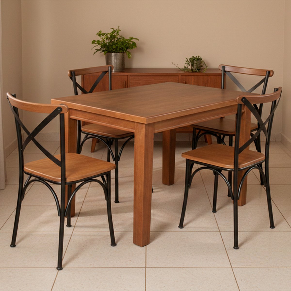 Conjunto Jantar Mesa Retangular Madeira Maciça Aurora 120x80 com 4 Cadeiras Paris Base Alumínio