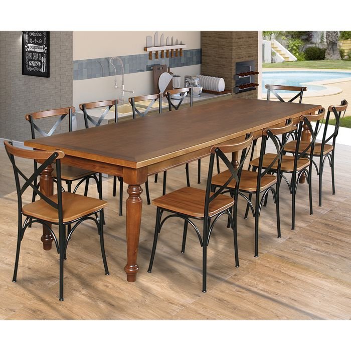 Conjunto Jantar Mesa Leonora Madeira Maciça 294x100 com 10 Cadeiras Paris Base Alumínio