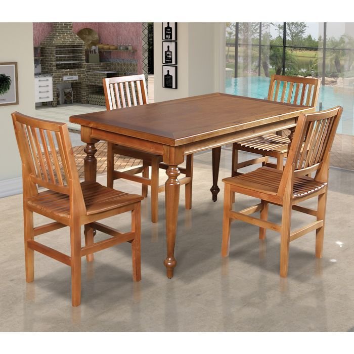 Conjunto Jantar Mesa Madeira Maciça Rústica Franscisca 140x80 com 4 Cadeiras Ripada Confort Castanho