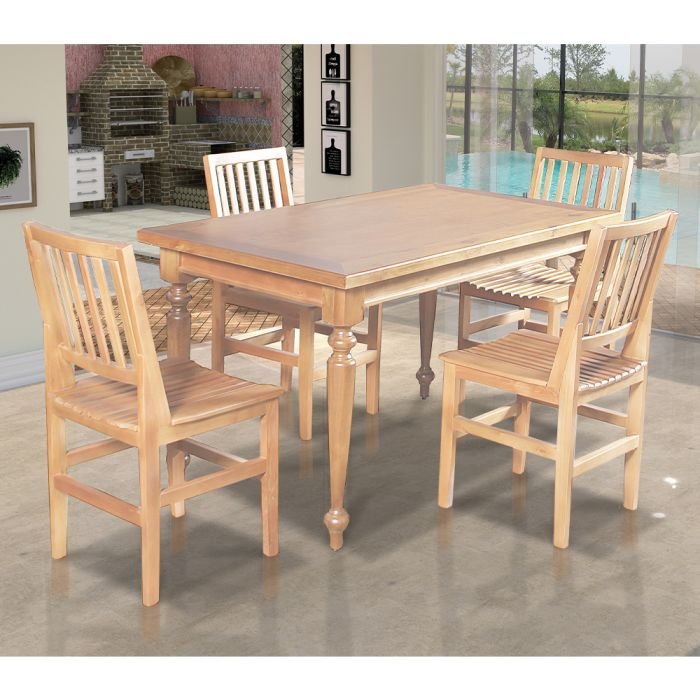 Conjunto Jantar Mesa Madeira Maciça Rústica Francisca 140x80 com 4 Cadeiras Ripada Confort Natural