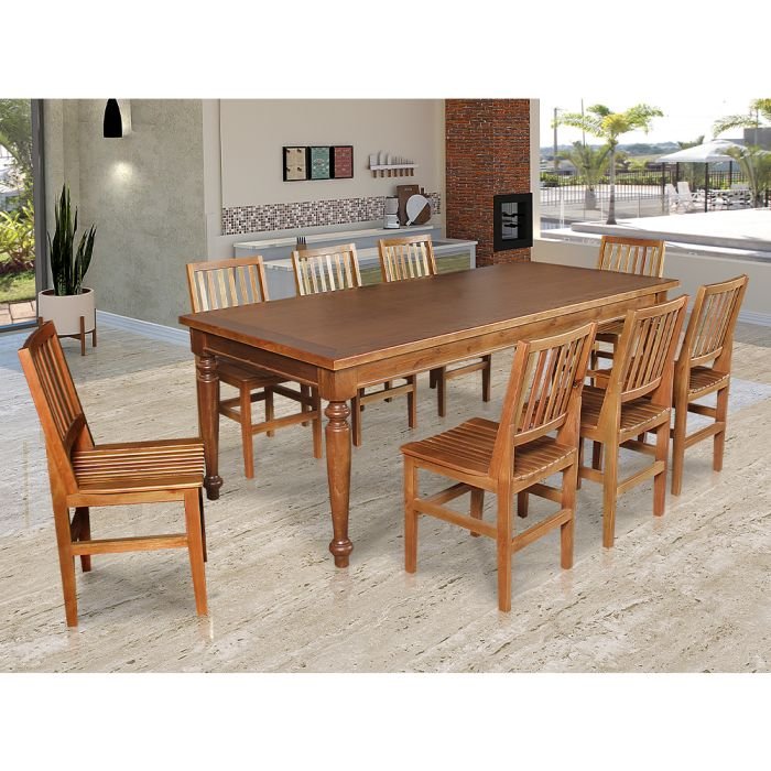 Conjunto Jantar Mesa Rústica Francisca 220x100 Madeira Maciça com 8 Cadeira Ripada Confort Castanho