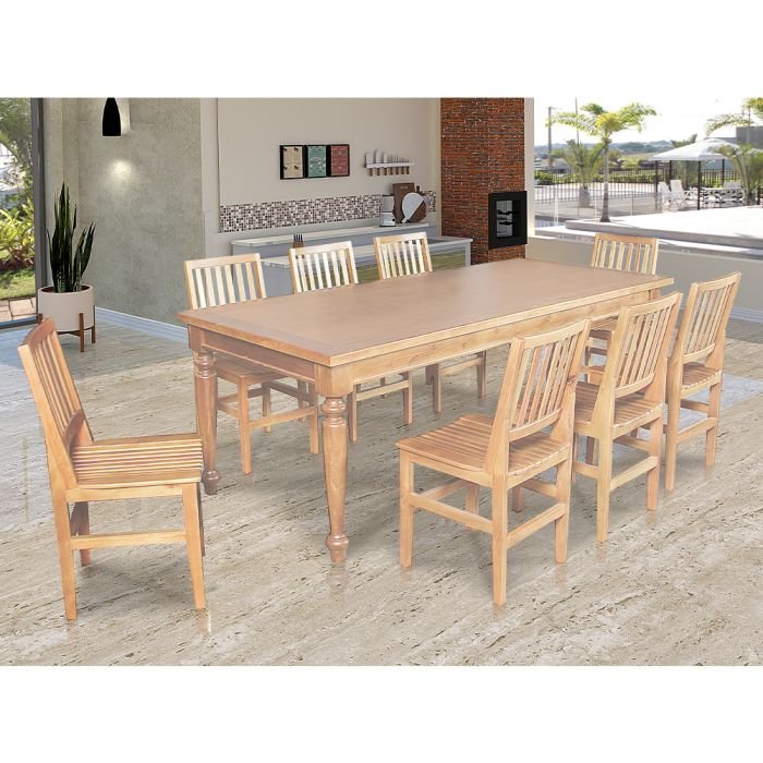 Conjunto Jantar Mesa Rústica Francisca 220x100 Madeira Maciça com 8 Cadeiras Ripada Confort Natural