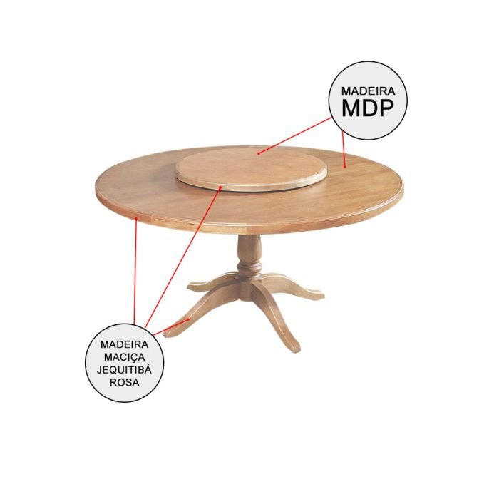 Mesa de Jantar Redonda 1,60m com Prato Giratório Madeira Maciça Amélia - Imagem 6