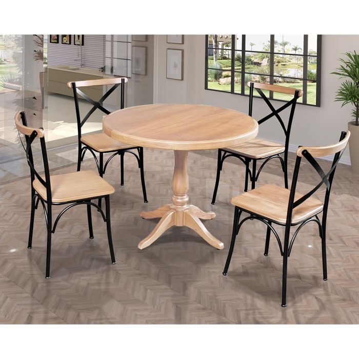 Conjunto Jantar Mesa Madeira Maciça Redonda 1m Madalena Rústica com 4 Cadeiras Paris Base Alumínio Natural