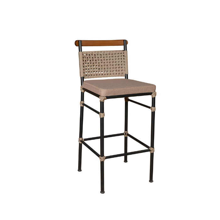 Banqueta Alta em Alumínio com Encosto Corda Náutica Assento Estofado